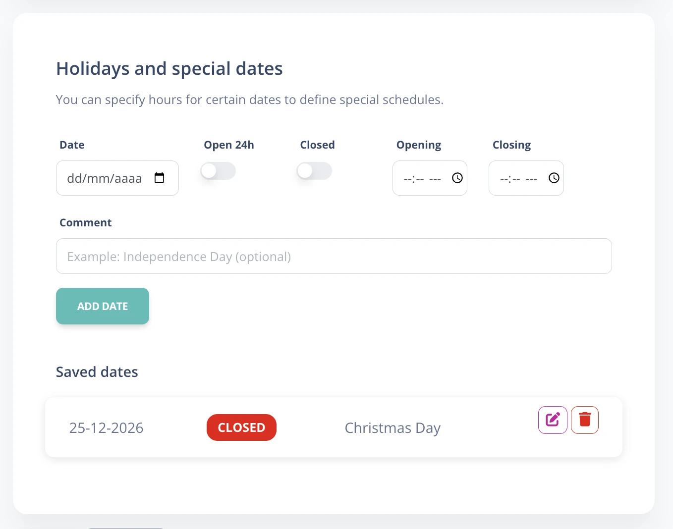Holidays and special dates