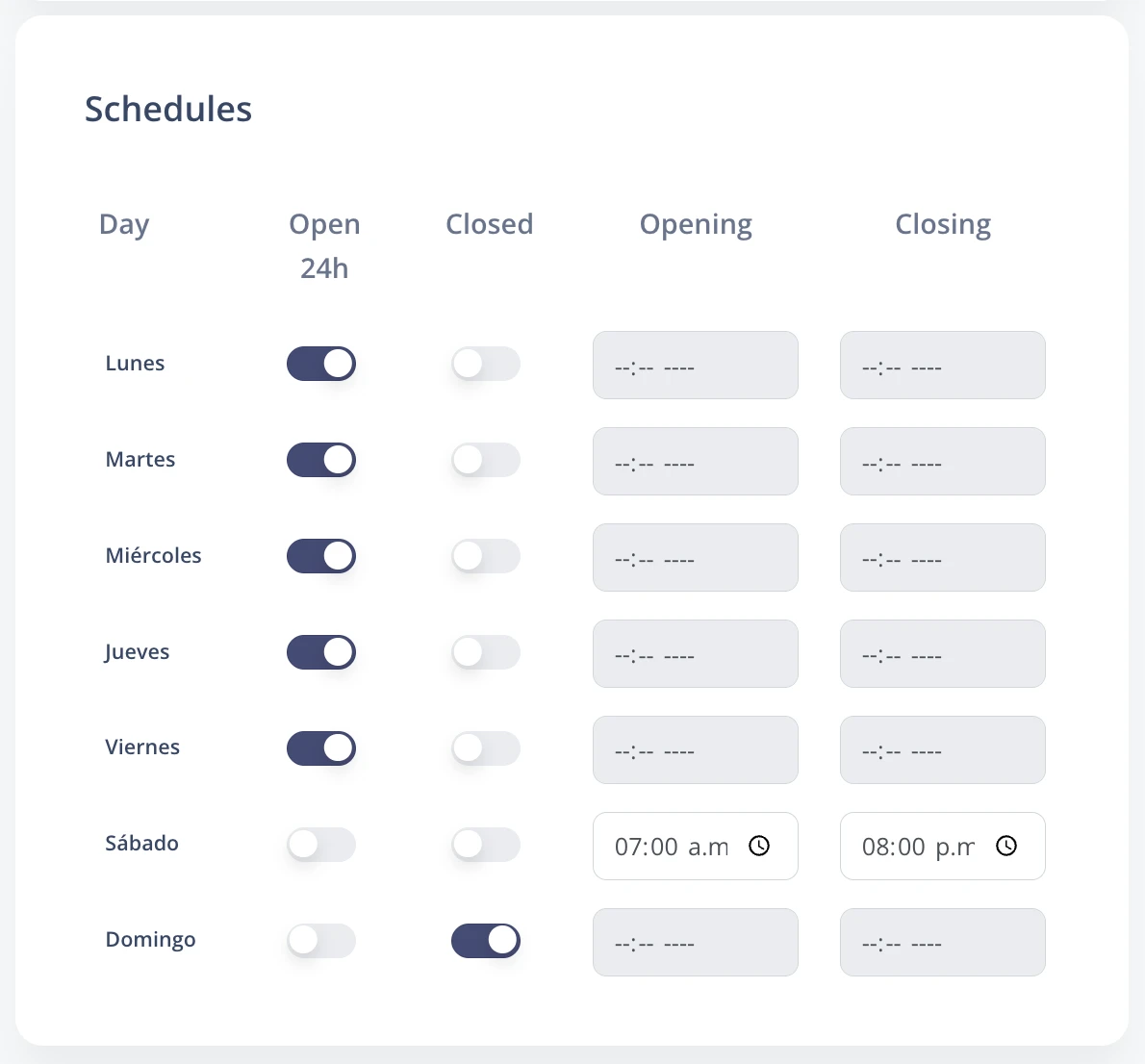 Opening and closing hours