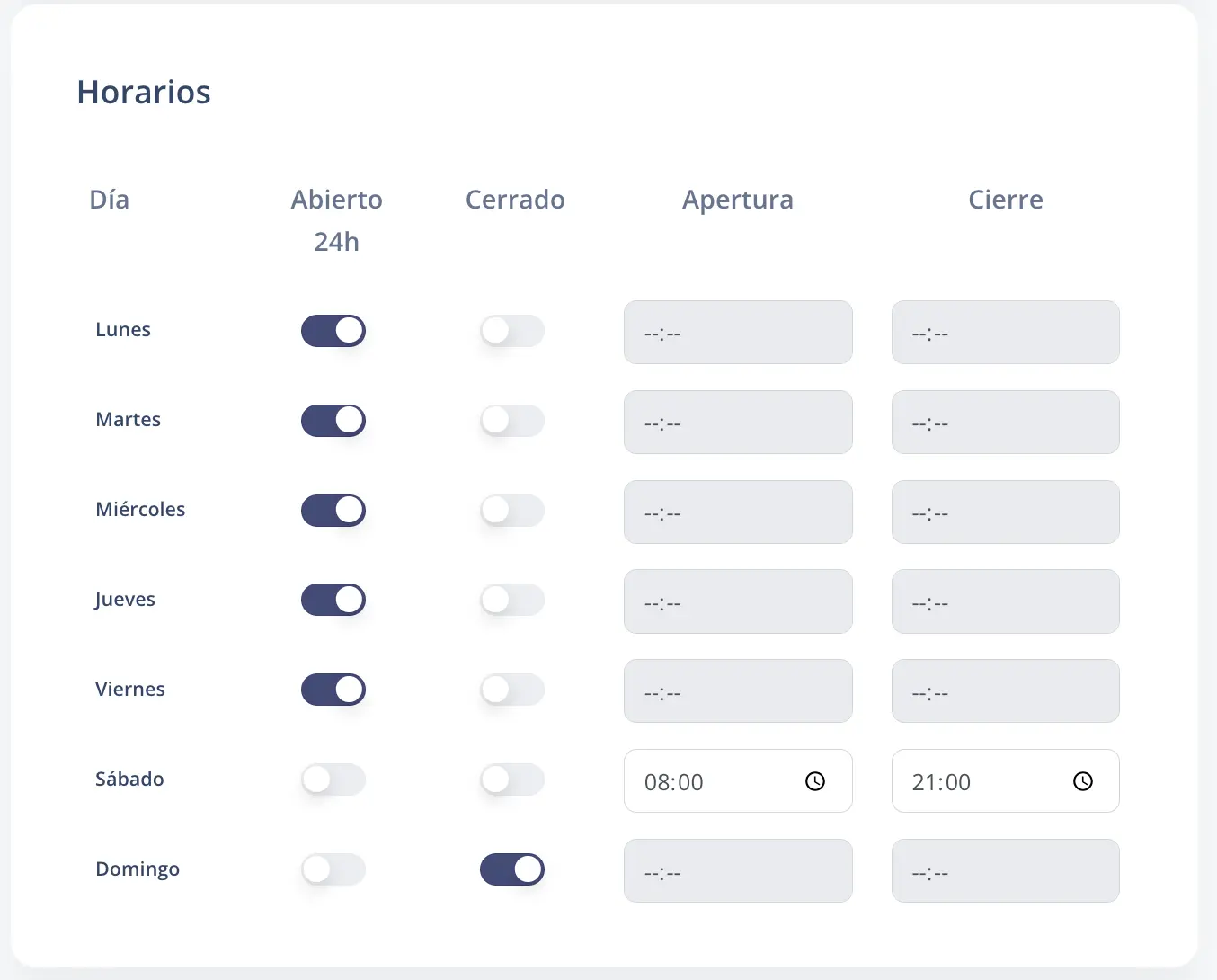 Horarios de Apertura y Cierre