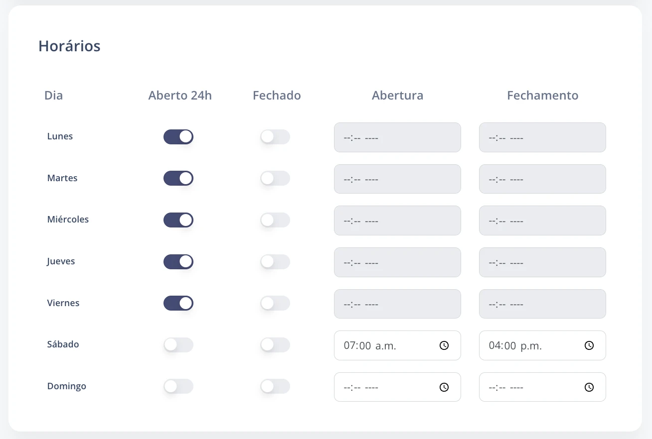 Horários de abertura e fechamento