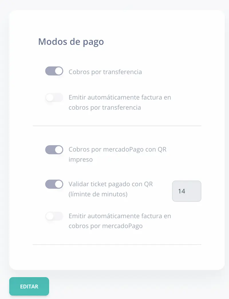 Pantalla de Configuración de Modos de Pago