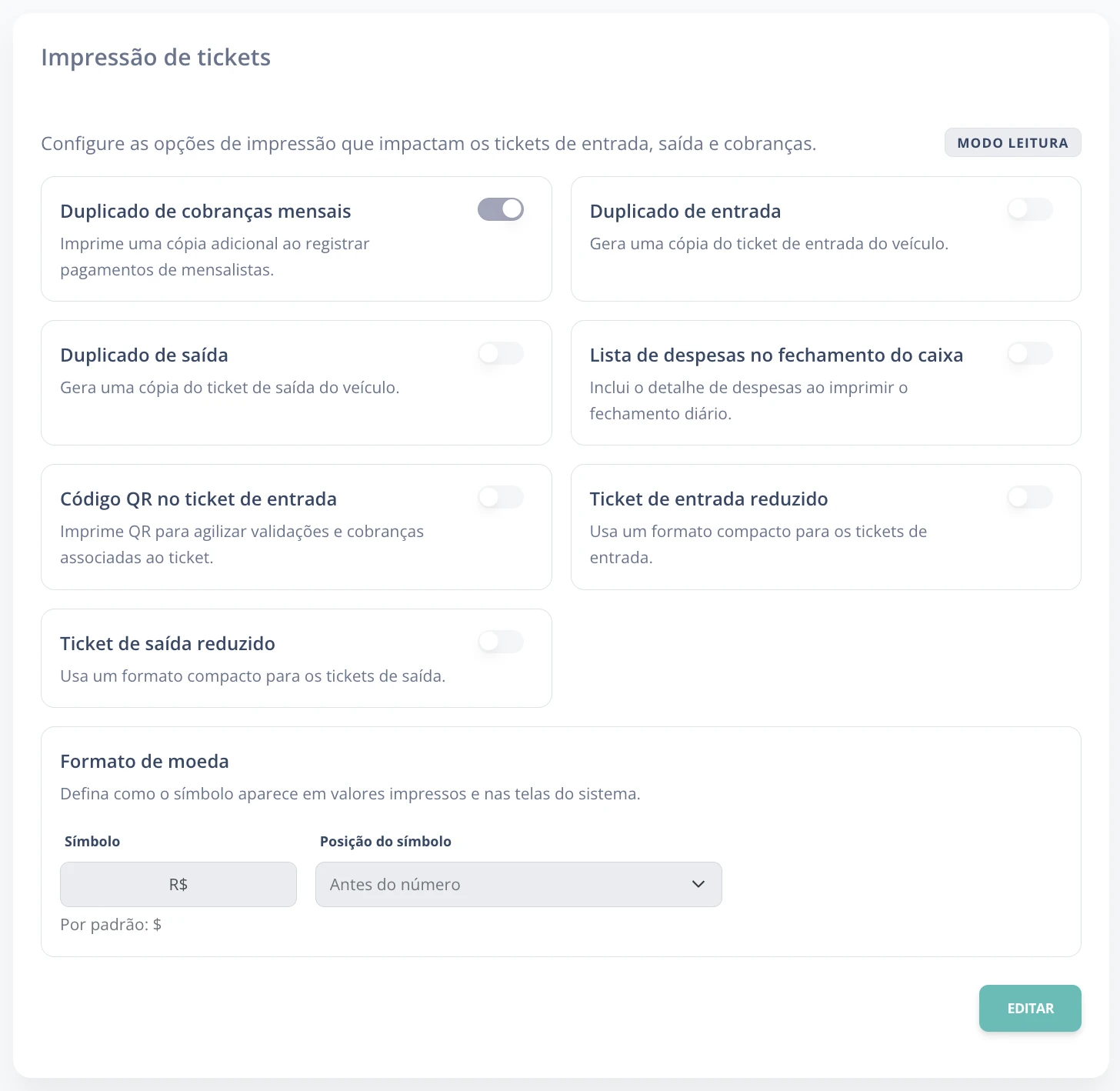Opções de impressão de tickets