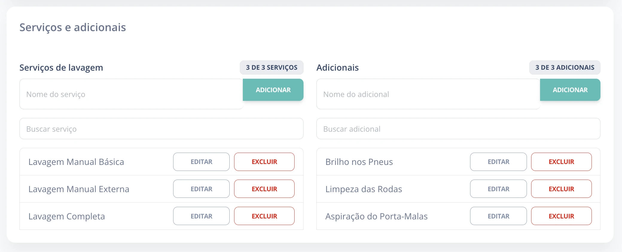 Lista de serviços do lava-rápido