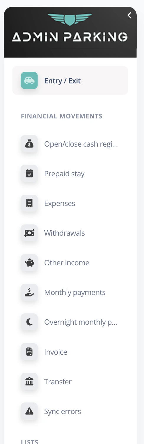 Side menu, cashier user