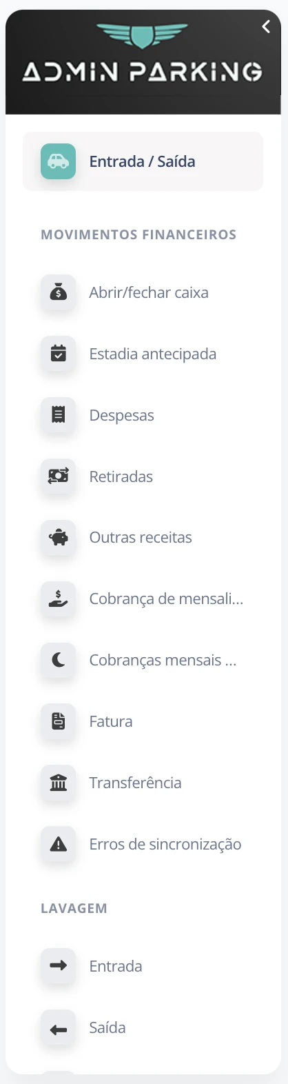Menu lateral, usuário operador