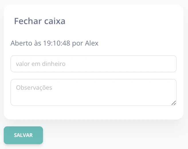 Tela de fechamento de caixa