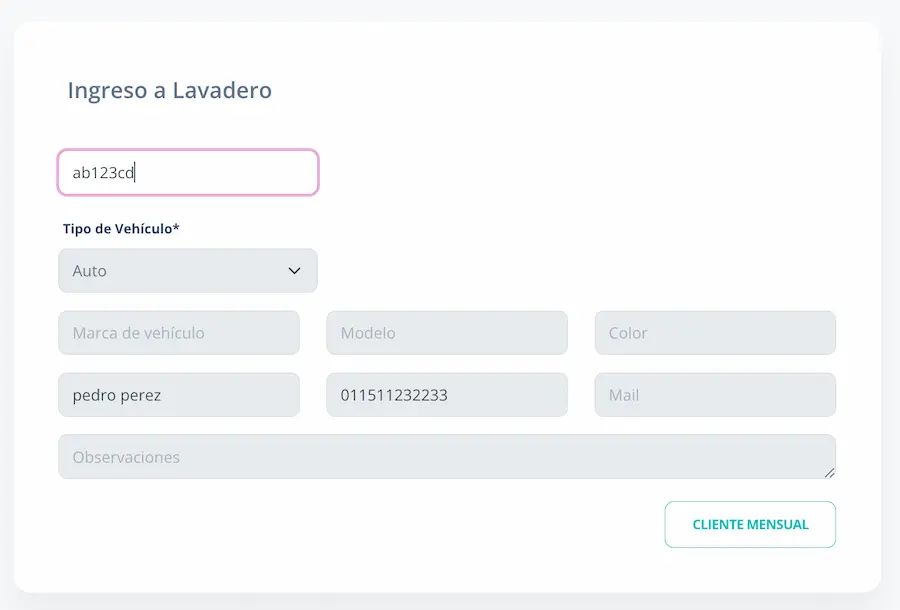 Ingreso de cliente mensual al lavadero