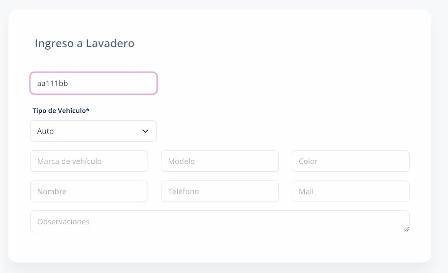 Ingreso de nuevo cliente al lavadero