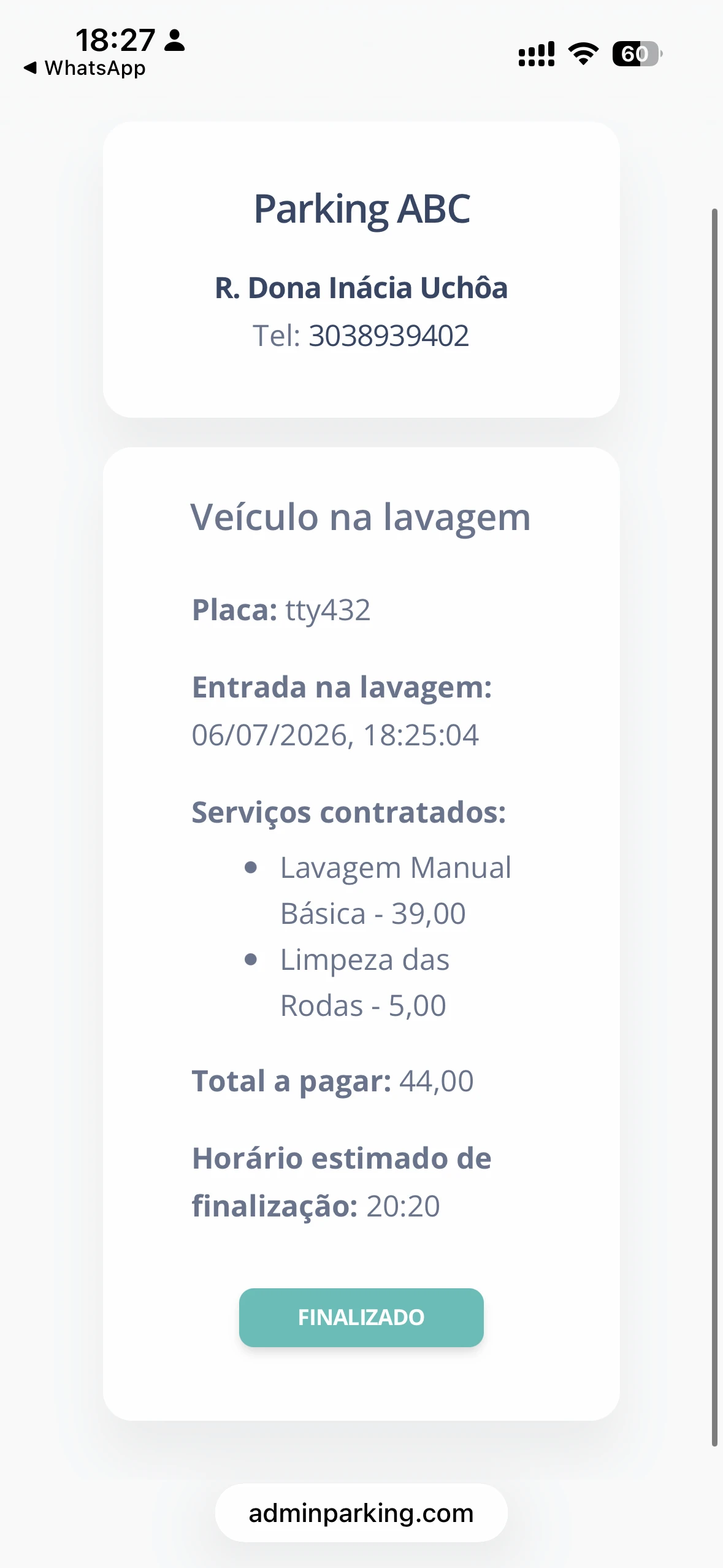 Tela QR cliente - lavagem finalizada