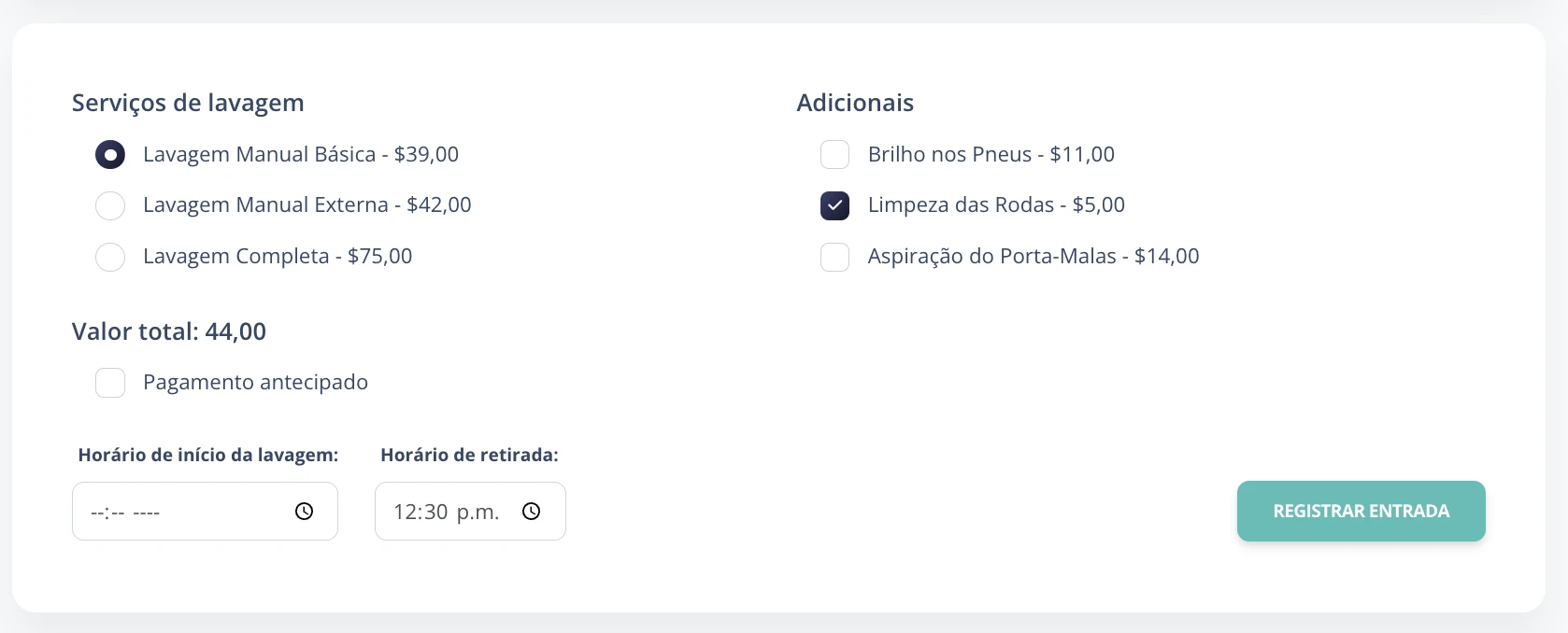 Tela de seleção de serviços de lavagem