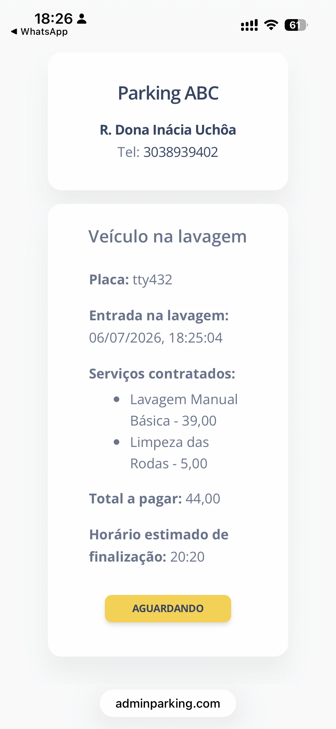 Tela QR cliente - lavagem aguardando