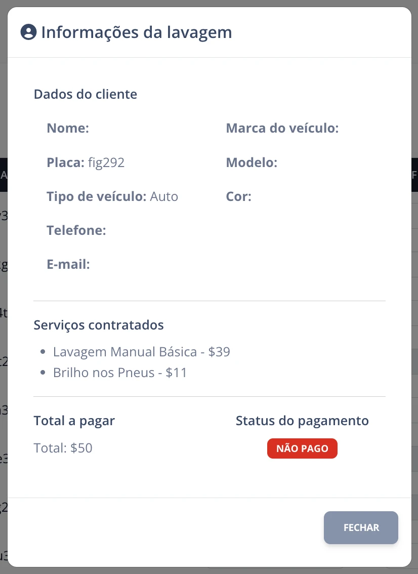 Detalhe de lavagem não paga
