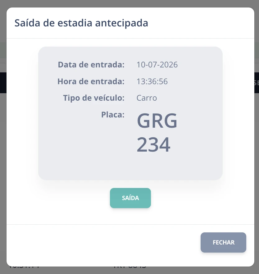Tela de saída de veículo já pago