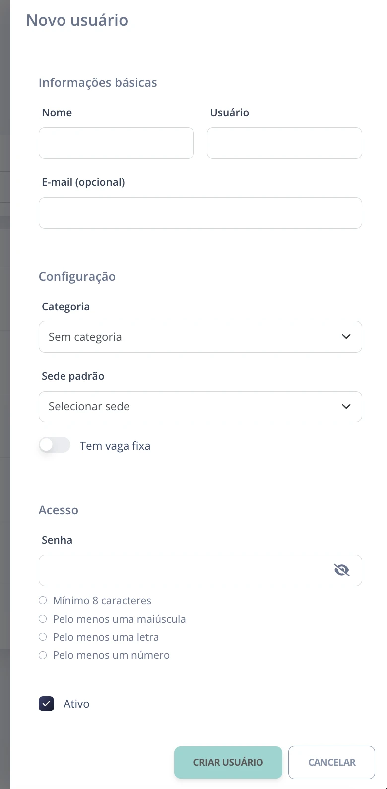 Novo usuário Enterprise