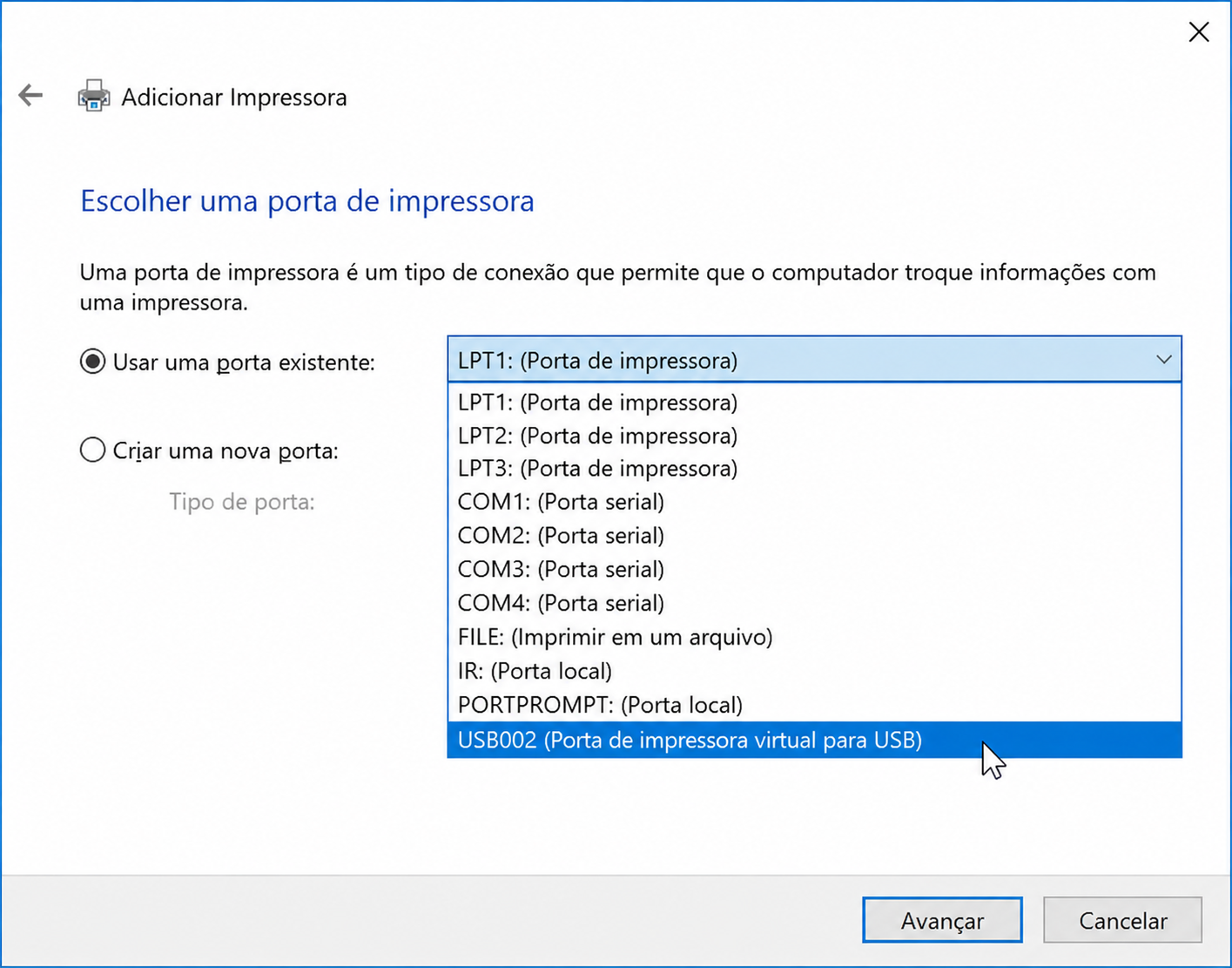Escolher porta USB