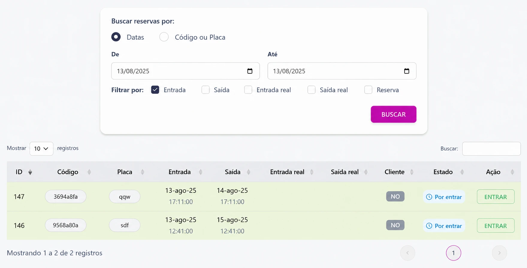 Gestão de reservas do operador